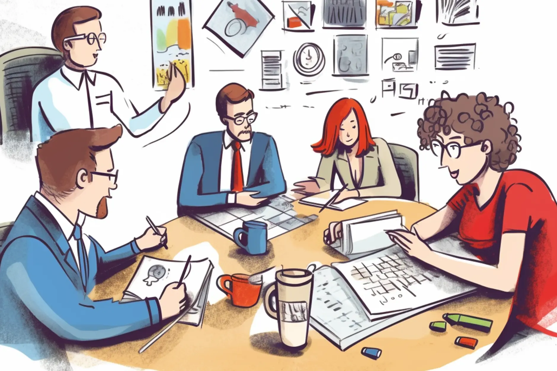 An illustration that shows people collaborating on when to hire a digital marketing agency