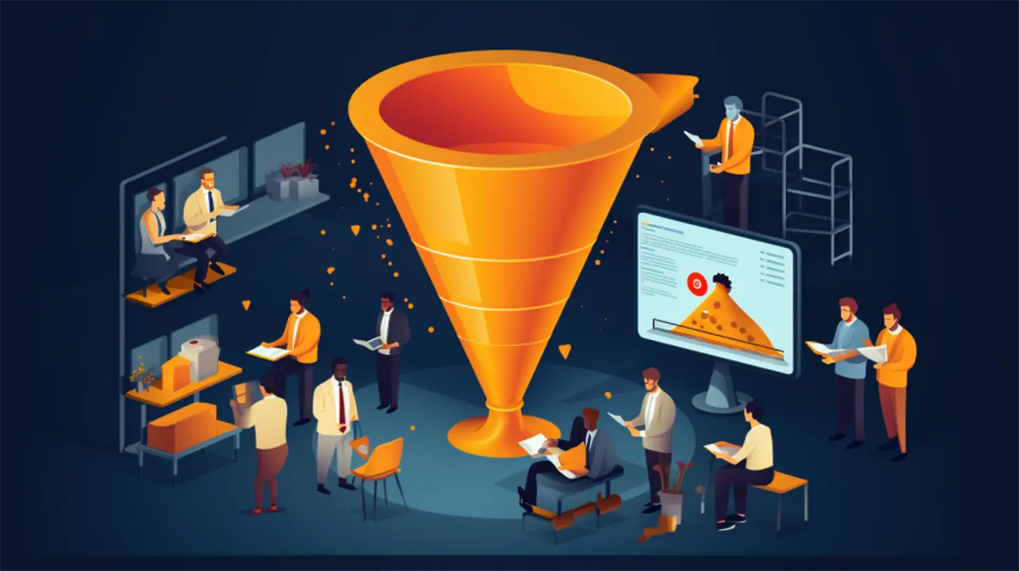 An illustration of people working around a marketing funnel
