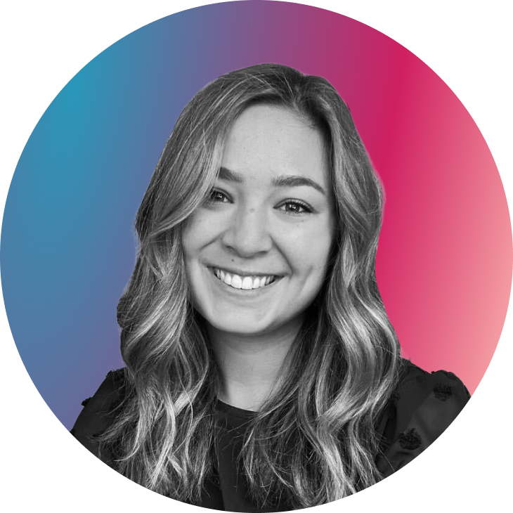 Circular cutout of Three29 employee Becca Muscat in greyscale with a gradient background.