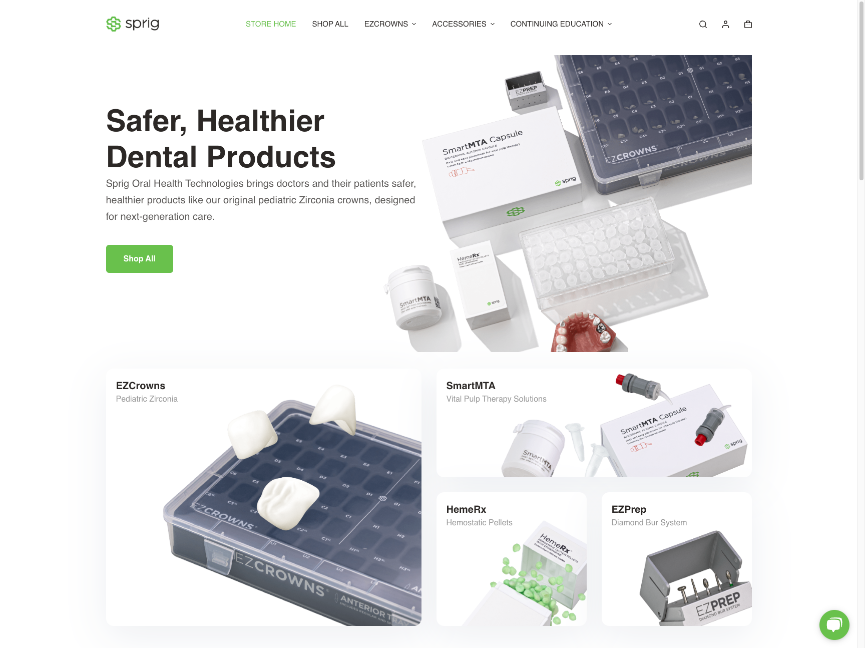 Screenshot of the homepage of Sprig Oral Health Technologies