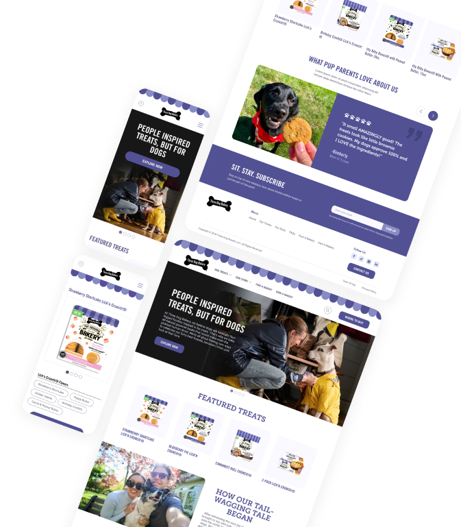 screenshots of the Three Dog Bakery website