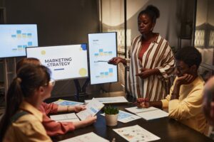 company reviewing franchise marketing strategy