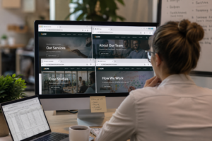 Person viewing multiple web pages on monitor