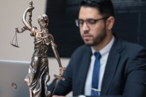 Lawyer with Lady Justice statue