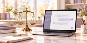 Laptop with chat and scales of justice